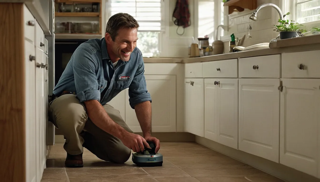 A friendly pest control provider inspecting a kitchen baseboard with a homeowner in a Grand Rapids home